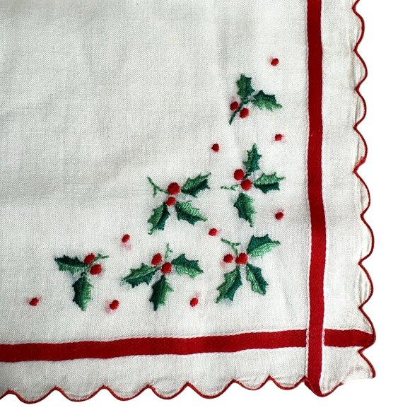 Embroidered handkerchief hankie 11-3/4 in. by 11-3/4 in. Red and white Christmas - Picture 6 of 11